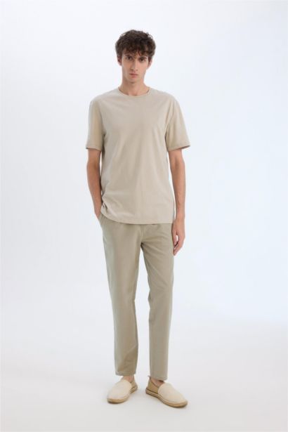 100% Cotton Linen Look Elastic Waist Slim Fit Trousers