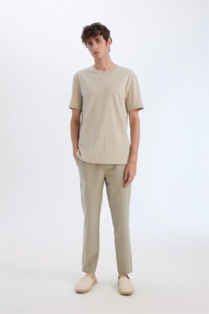 100% Cotton Linen Look Elastic Waist Slim Fit Trousers