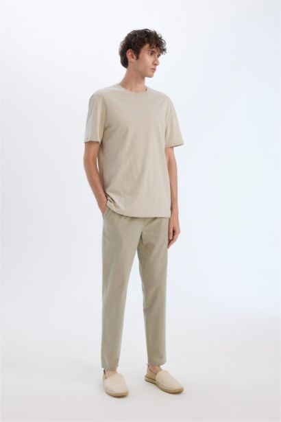 100% Cotton Linen Look Elastic Waist Slim Fit Trousers