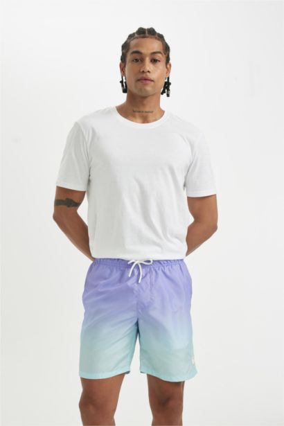 Short de Bain Mi-Cuisse coupe régulière à Dégradé imprimé avec Doublure en Filet