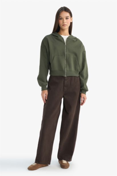 Cropped Fit Kapüşonlu Kalın Fermuarlı Sweatshirt