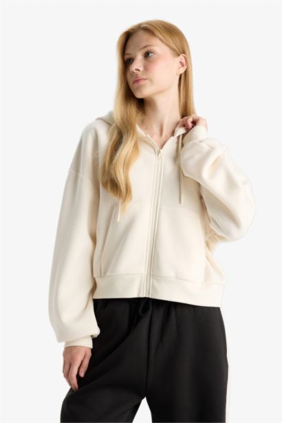 Cropped Fit Zippered Thick Fabric Hoodie