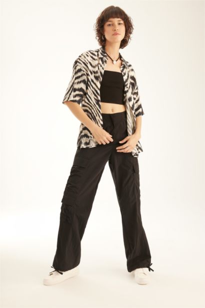 Oversize Fit Shirt Collar Viscose Printed Short Sleeve Shirt