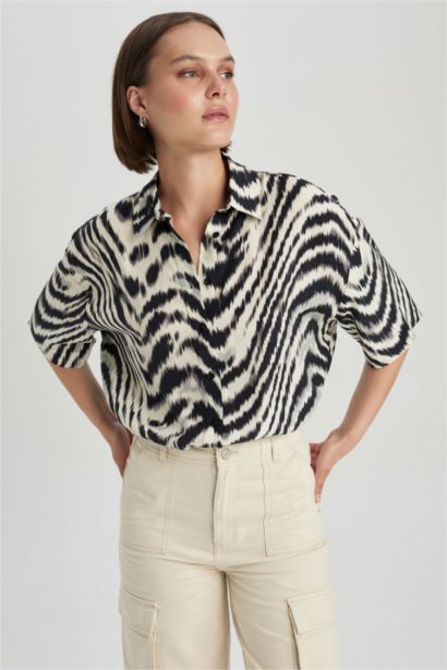 Oversize Fit Shirt Collar Viscose Printed Short Sleeve Shirt