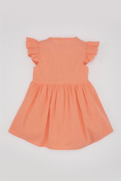 فستان بناتي ذو مظهر كتاني قصة عادية بدون ردن