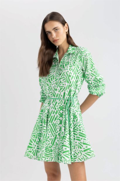 Shirt Collar Printed Terry Cotton Mini Dress