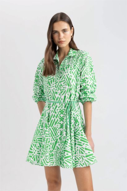 Shirt Collar Printed Terry Cotton Mini Dress