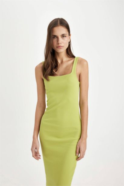 Bodycon Vücuda Oturan Basic Düz Kare Yaka Fitilli Kaşkorse Kolsuz Midi Elbise