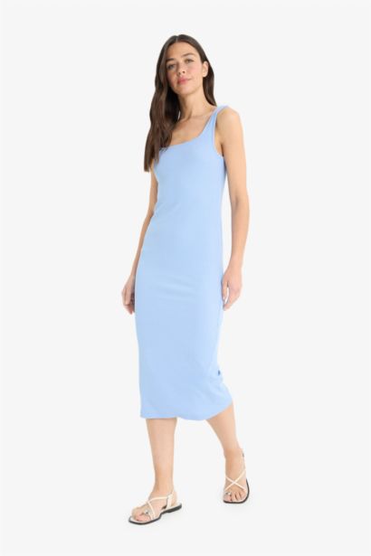 Bodycon Vücudu Saran Kare Yaka Fitilli Kaşkorse Askılı Midi Yazlık Elbise