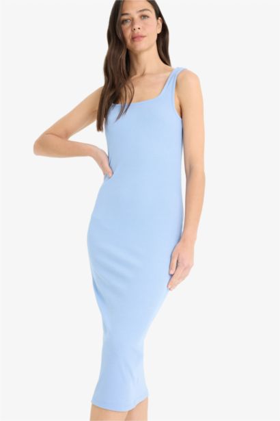 Bodycon Vücudu Saran Kare Yaka Fitilli Kaşkorse Askılı Midi Yazlık Elbise