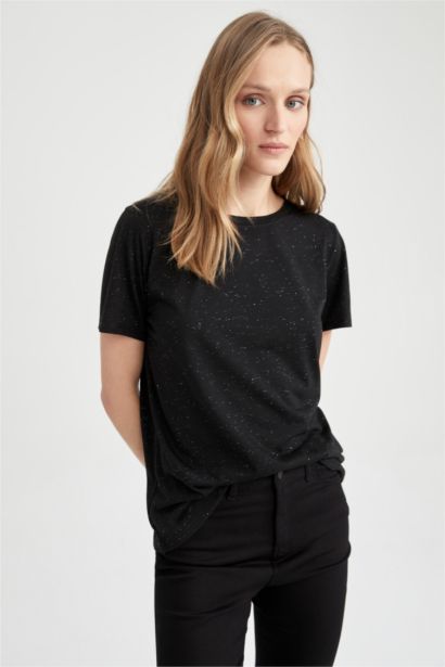 Regular Fit Crew Neck Shiny Fabric Short Sleeve T-Shirt