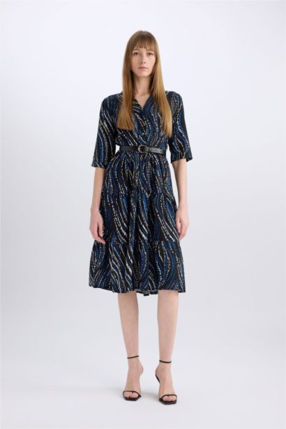 Shirt Collar Belted Patterned Half Sleeve Midi Dress