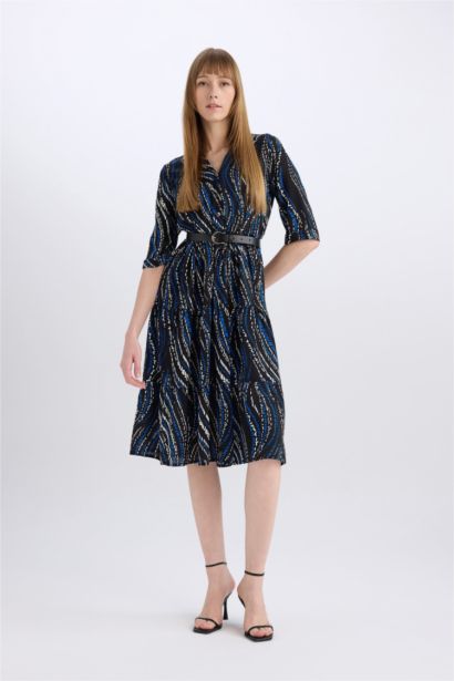 Shirt Collar Belted Patterned Half Sleeve Midi Dress