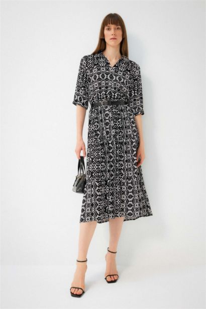 Shirt Collar Belted Patterned Half Sleeve Midi Dress