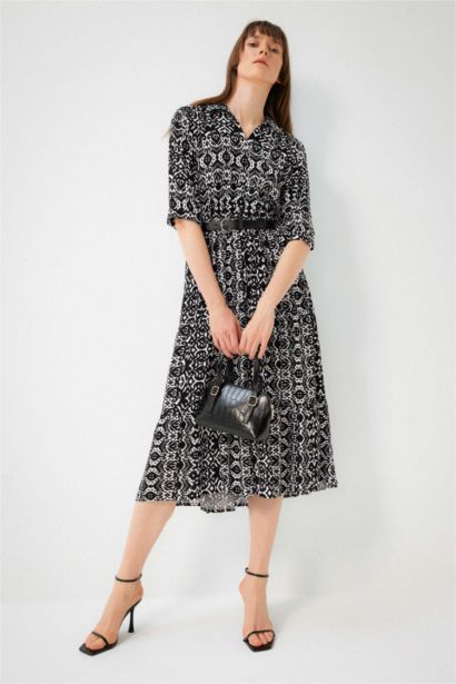 Shirt Collar Belted Patterned Half Sleeve Midi Dress