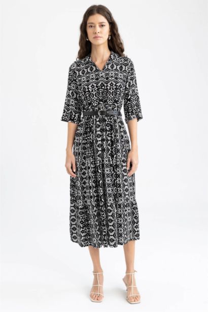 Shirt Collar Belted Patterned Half Sleeve Midi Dress