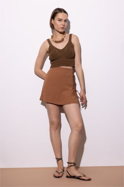 Regular Fit Linen Blended High Waist Shorts