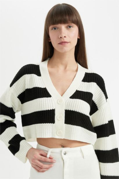 Regular Fit V Yaka Çizgili Düğmeli Triko Hırka