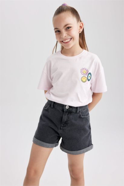 تي شيرت بناتي نص كم قصة عادية من سمايلي