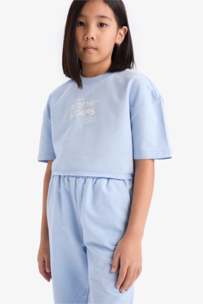 2'li Takım Baskılı Kısa Kollu Tişört Beli Paçası Lastikli Eşofman Altı Kız Çocuk