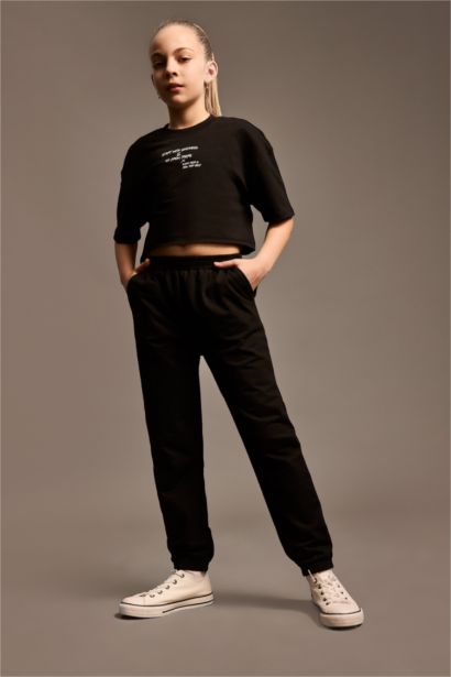 2'li Takım Baskılı Kısa Kollu Tişört Beli Paçası Lastikli Eşofman Altı Kız Çocuk