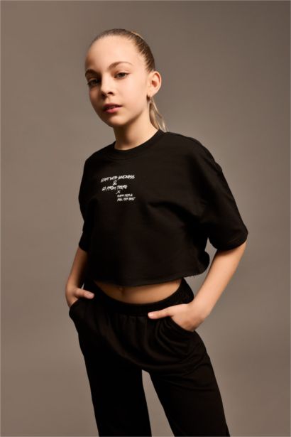 2'li Takım Baskılı Kısa Kollu Tişört Beli Paçası Lastikli Eşofman Altı Kız Çocuk