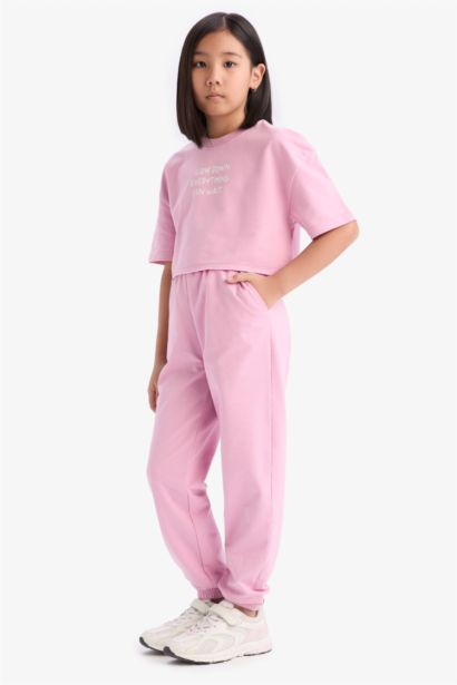 2'li Takım Baskılı Kısa Kollu Tişört Beli Lastikli Eşofman Altı Kız Çocuk