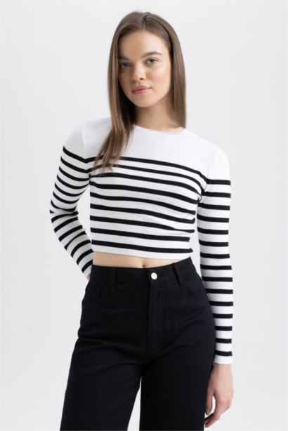 Slim Fit Crew Neck Striped Crop Pullover