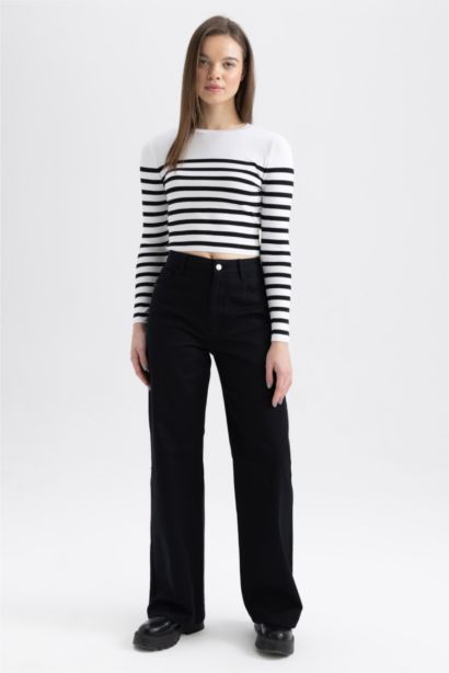 Slim Fit Crew Neck Striped Crop Pullover