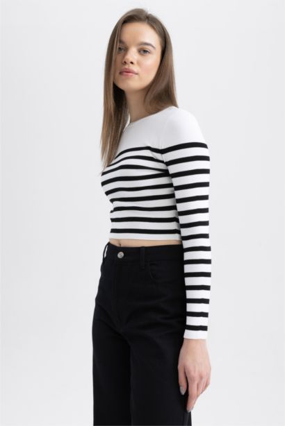 Slim Fit Crew Neck Striped Crop Pullover