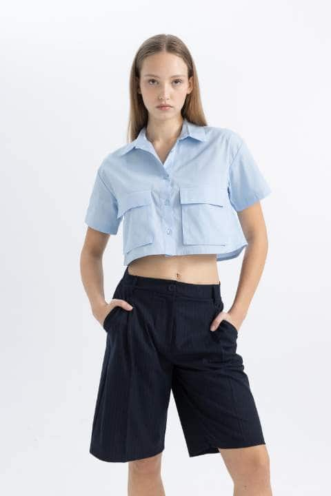 Coool Oversize Fit Cep Detaylı Crop Kısa Kollu Gömlek