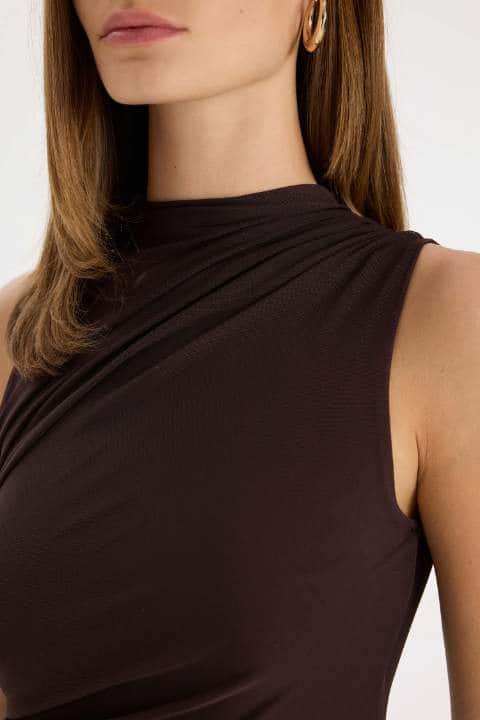 Bodycon Yarım Balıkçı Yaka Tül Kolsuz Midi Elbise