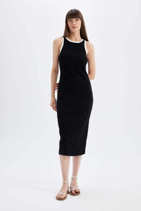 Bodycon Fitilli Kaşkorse Kolsuz Maxi Elbise - 2