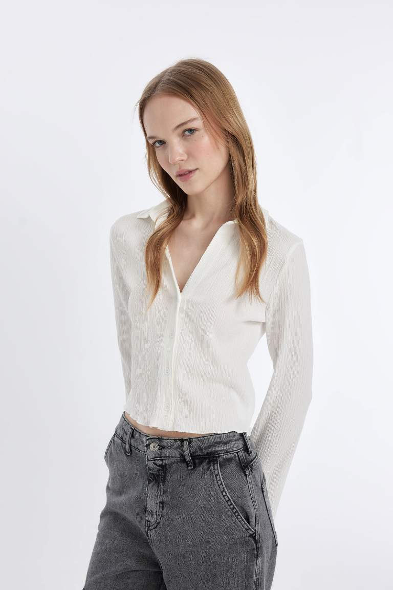 Fitted Basic Buttoned Long Sleeve Crop White Shirt