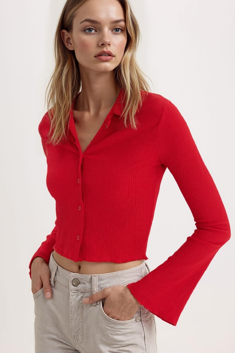 Coool Fitted Basic Düz Bürümcük Uzun Kollu Crop Gömlek