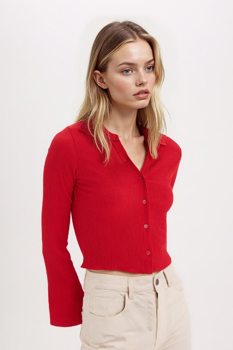 Coool Fitted Basic Düz Bürümcük Uzun Kollu Crop Gömlek