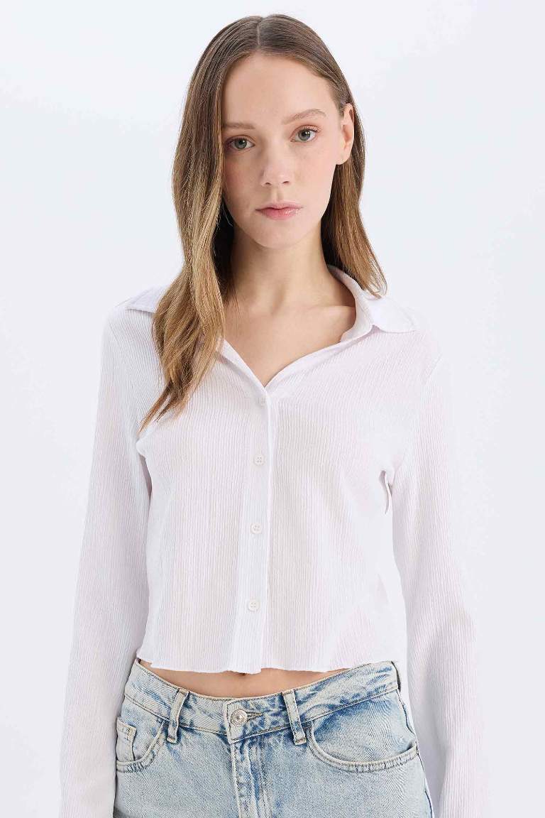 Fitted Basic Buttoned Long Sleeve Crop White Shirt