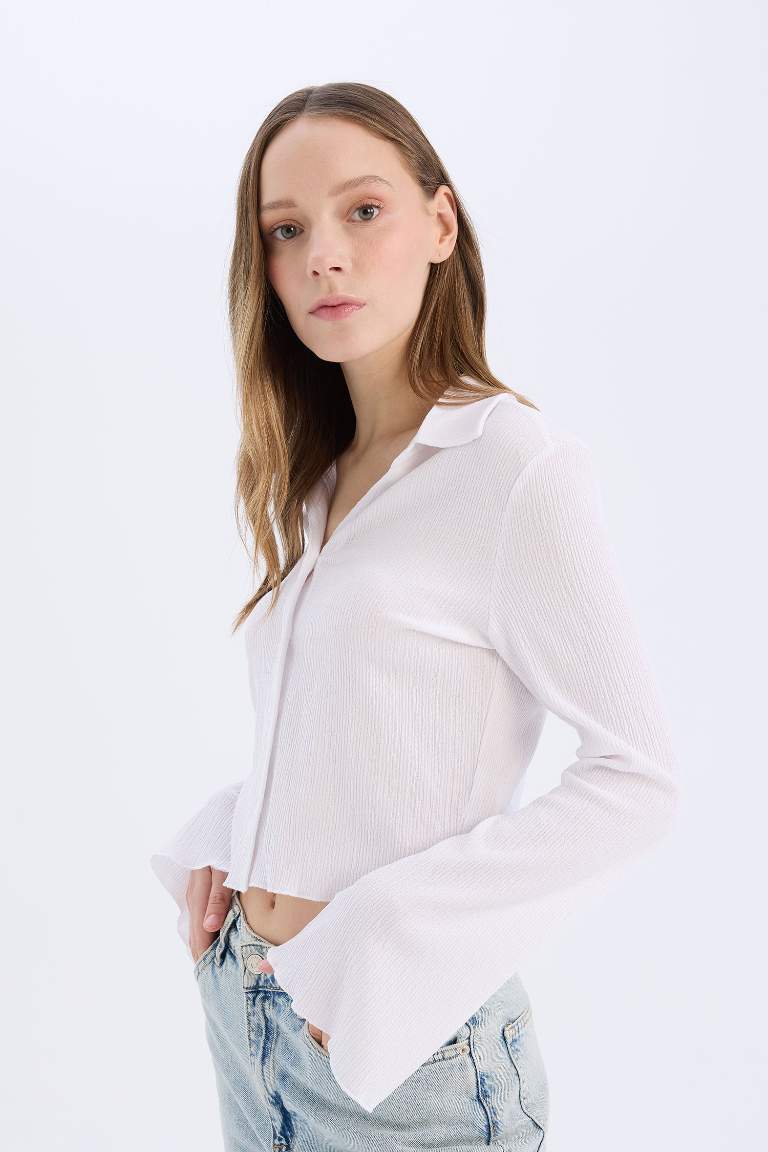 Fitted Basic Buttoned Long Sleeve Crop White Shirt