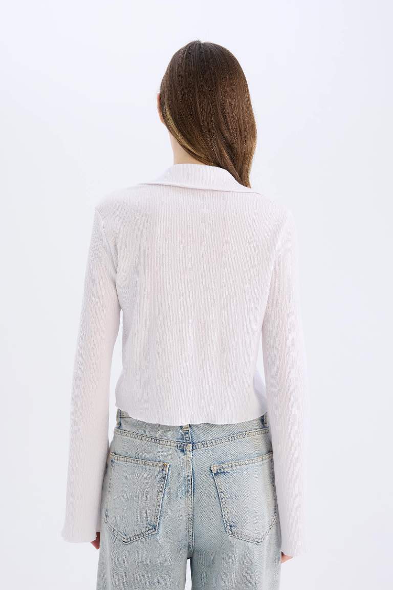 Fitted Basic Buttoned Long Sleeve Crop White Shirt