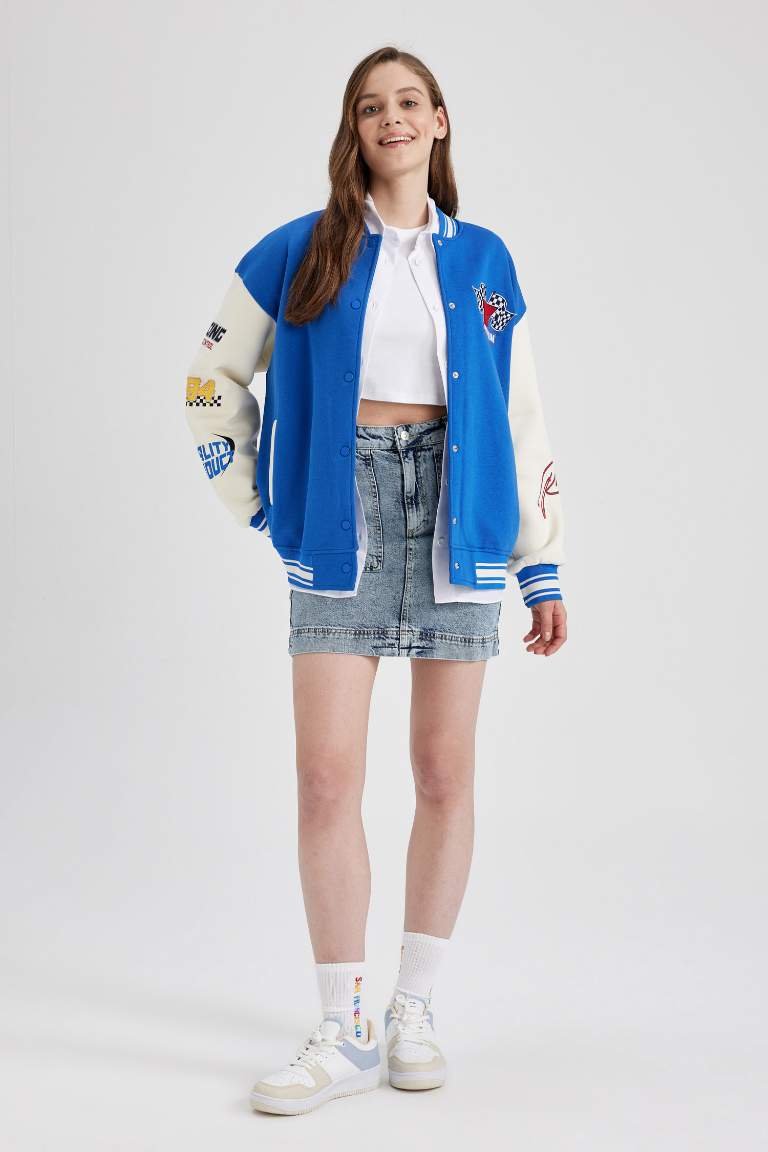 Blue حريمي Oversize Fit College Collar Bomber Jacket 2766492 | DeFacto