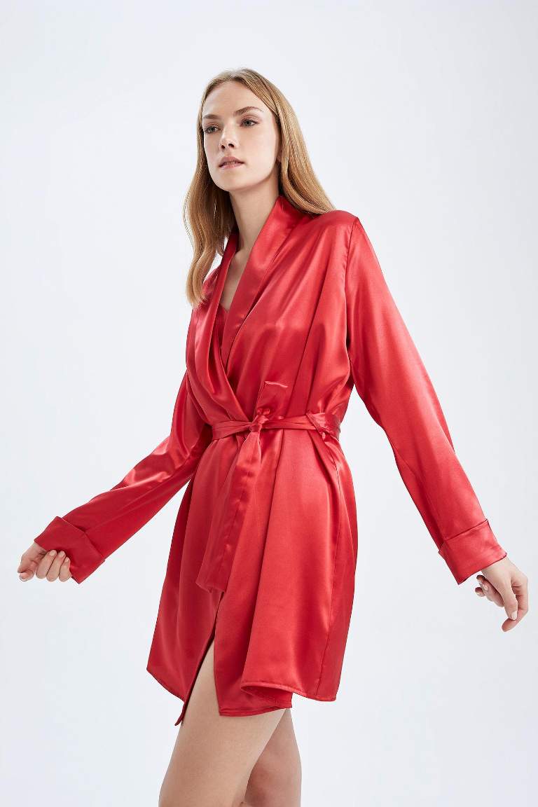 Fall in Love Basic Wrap Yaka Kuşaklı Uzun Kollu Robe Saten Sabahlık