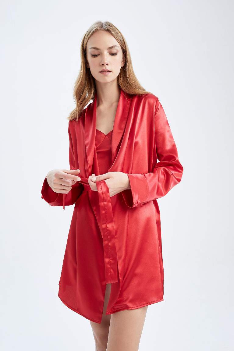 Fall in Love Basic Wrap Yaka Kuşaklı Uzun Kollu Robe Saten Sabahlık