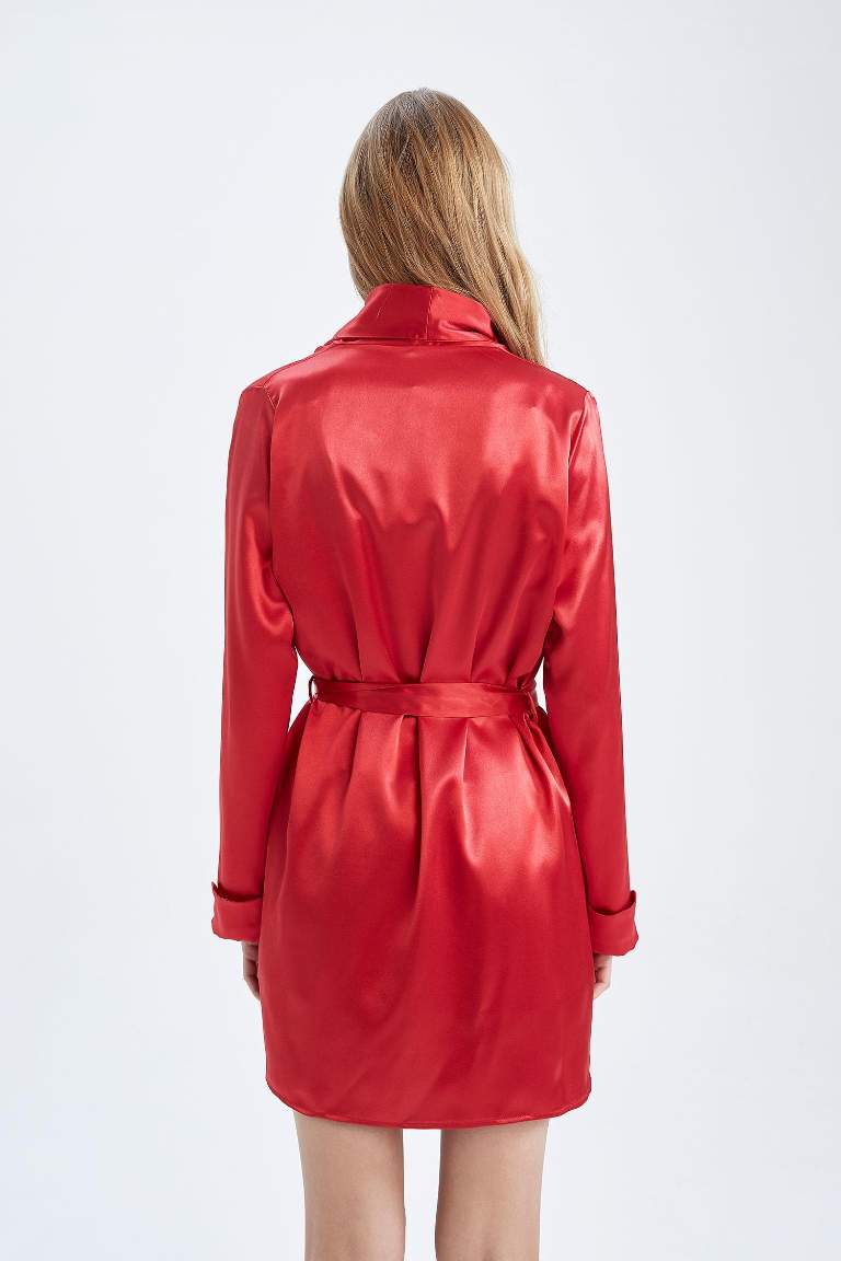 Fall in Love Basic Wrap Yaka Kuşaklı Uzun Kollu Robe Saten Sabahlık