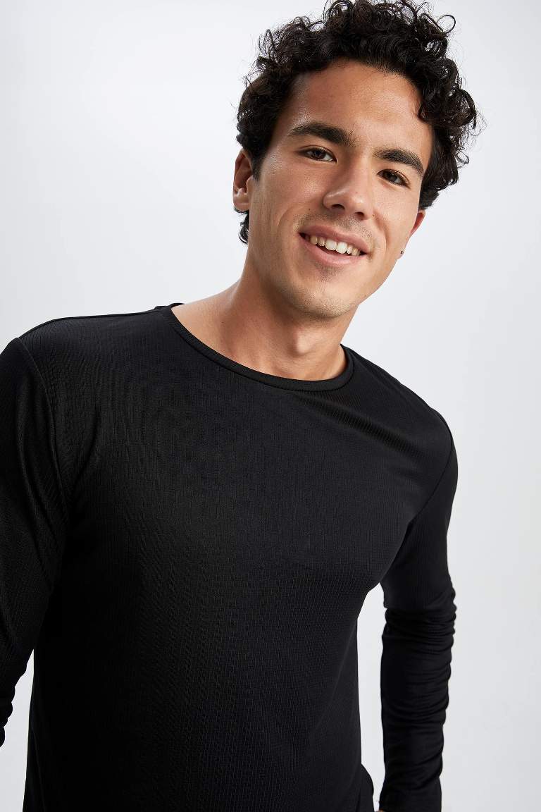 DeFactoFit Slim Fit Bisiklet Yaka Uzun Kollu Sporcu Ağır Kumaş Tişört