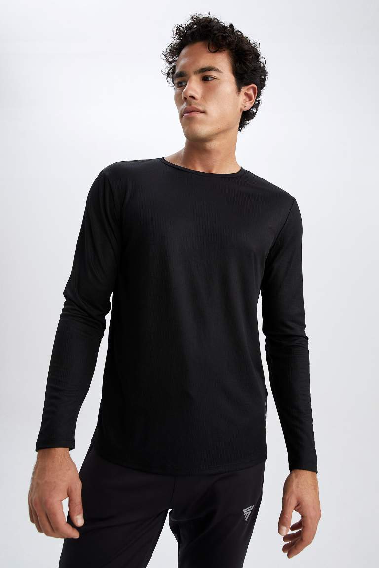 DeFactoFit Slim Fit Bisiklet Yaka Uzun Kollu Sporcu Ağır Kumaş Tişört