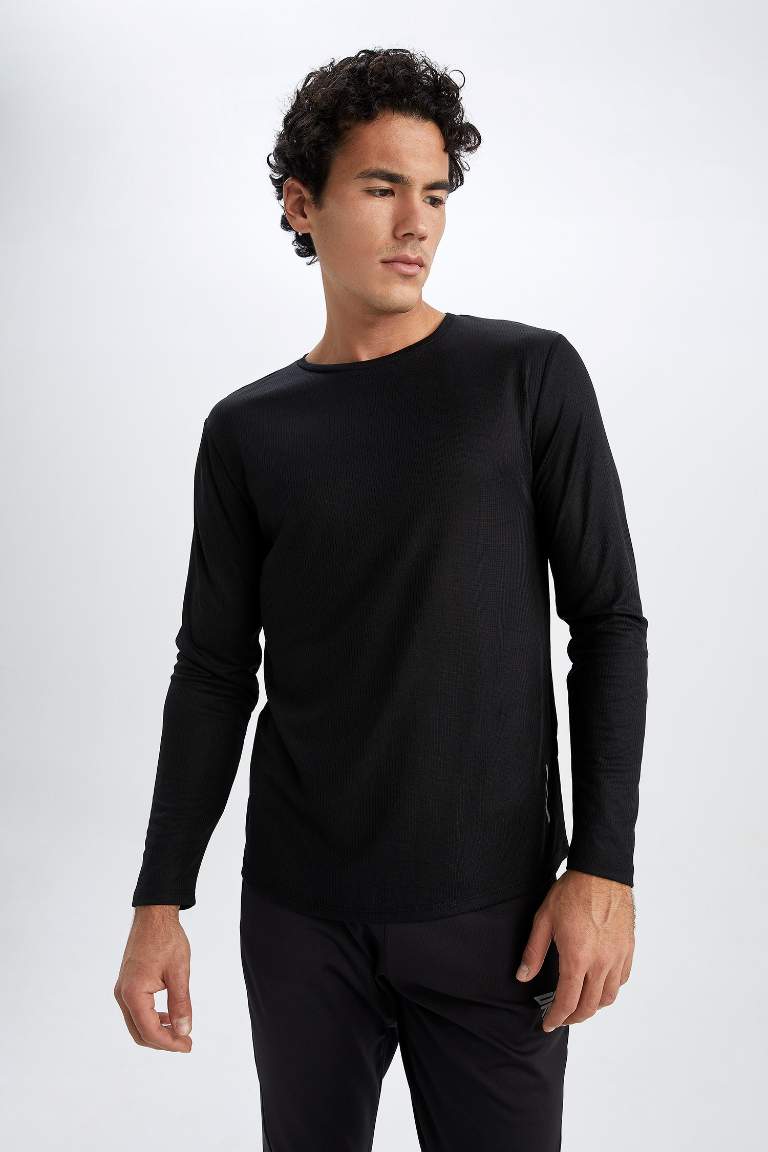 DeFactoFit Slim Fit Bisiklet Yaka Uzun Kollu Sporcu Ağır Kumaş Tişört