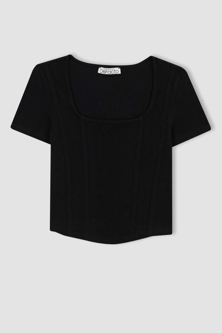 Fitted U Yaka Basic Kısa Kollu Crop Tişört