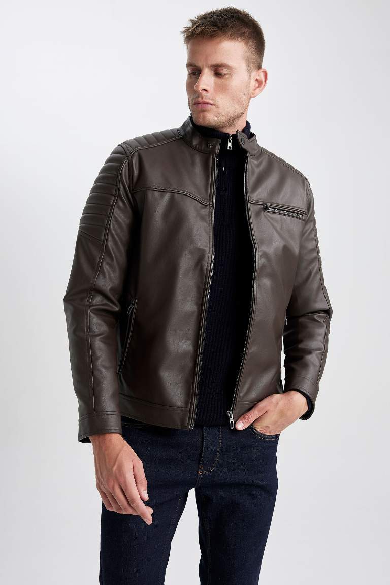 Su İtici Slim Fit Dik Yaka Fermuar Kapamalı Cepli Mevsimlik Deri Mont Ceket