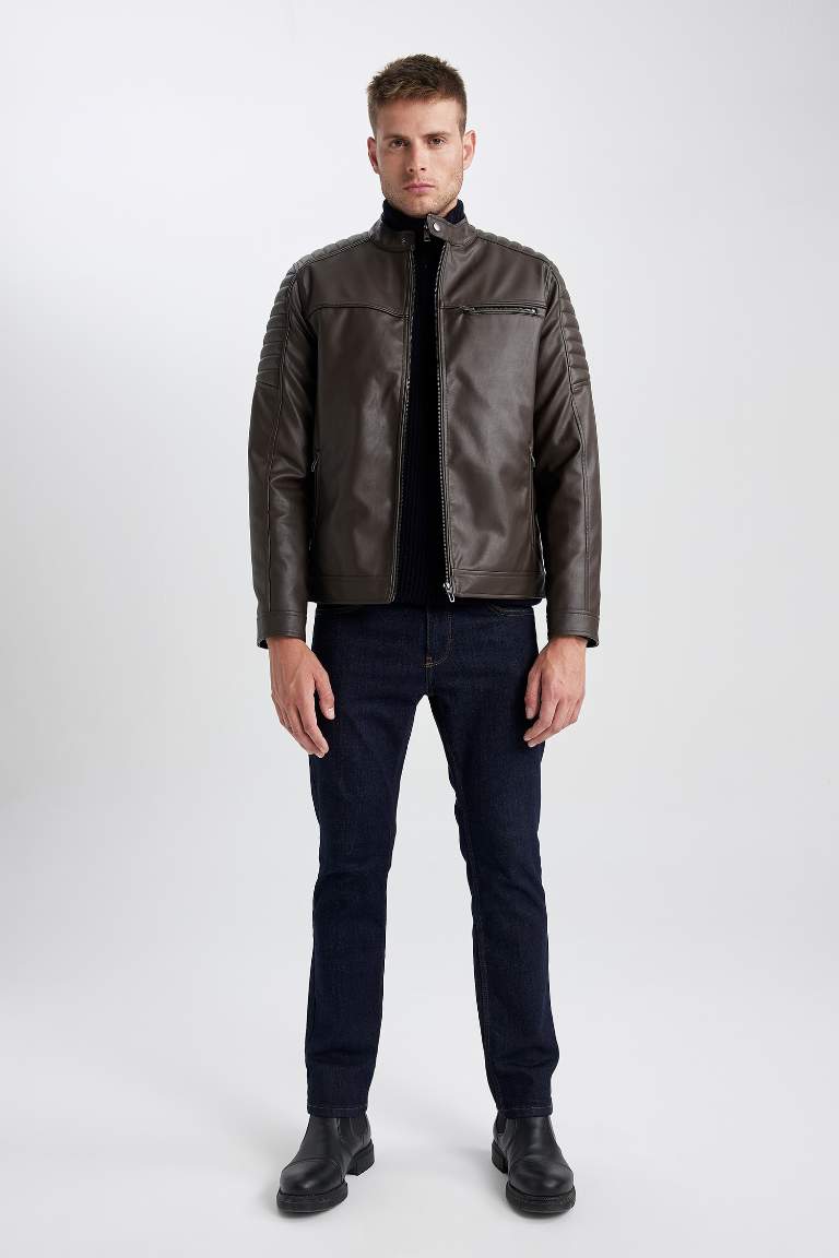 Su İtici Slim Fit Dik Yaka Fermuar Kapamalı Cepli Mevsimlik Deri Mont Ceket