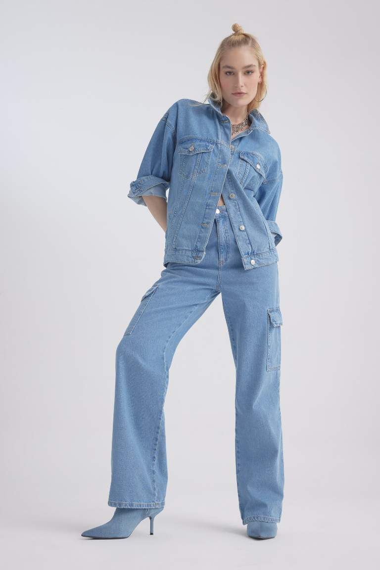 Oversize Fit Pocketed Cotton Denim Jacket